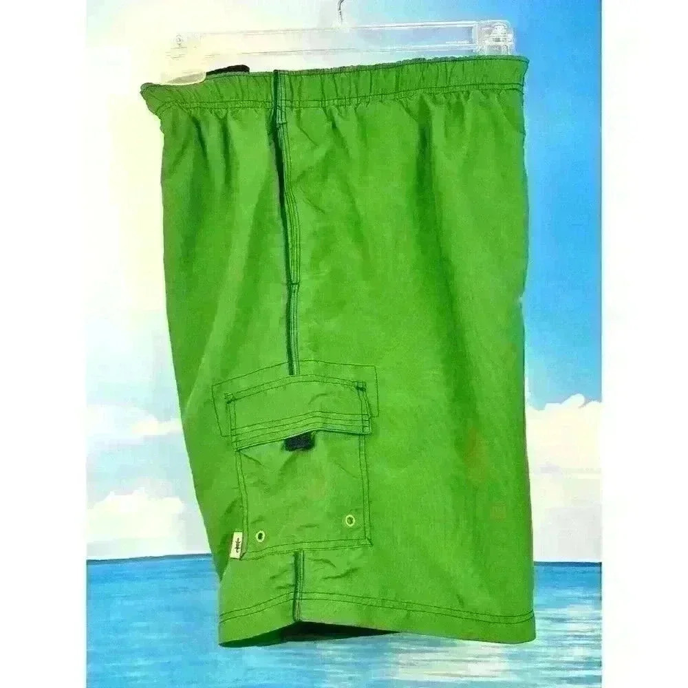 IGUANA GREEN Bathing Swim Suit Board CARGO Shorts LINED Elastic Waist size 2x